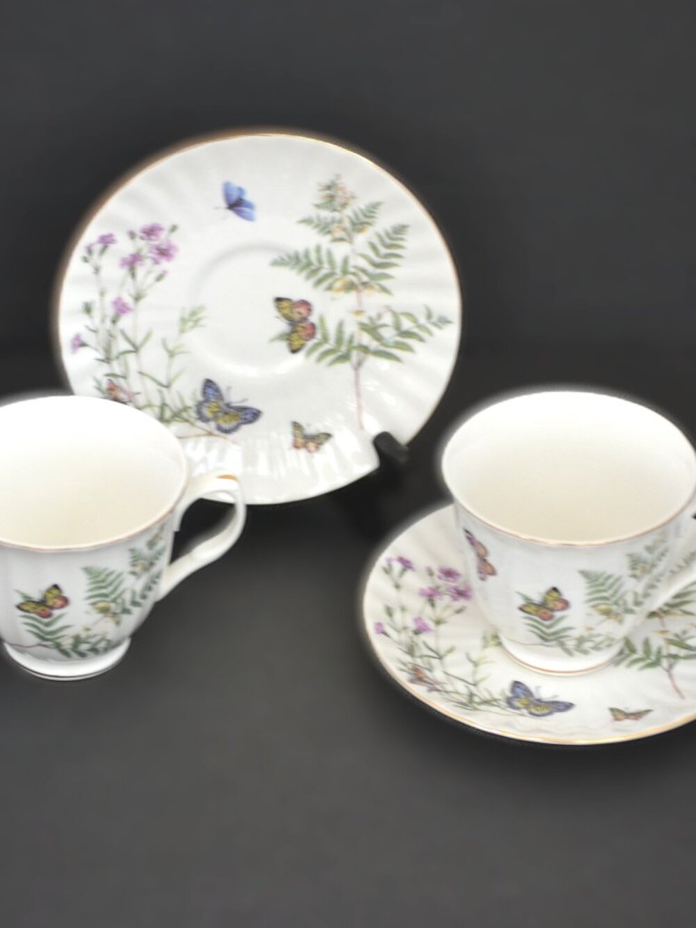 Gracie China Cups and Saucers Nature Theme Flower Butterfly Motif Set of 2